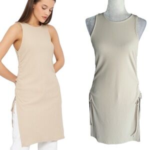 Zara Beige Ribbed Ruched Tie Side Sleeveless Mini Dress Tunic Top - M